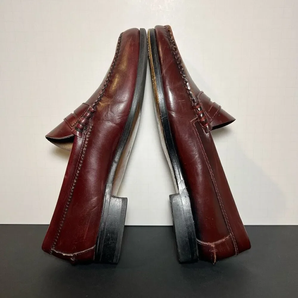 Mens HANDSEWN Cognac Brown Leather Slip On Moccasin Loafers / Size 9.5 Medium